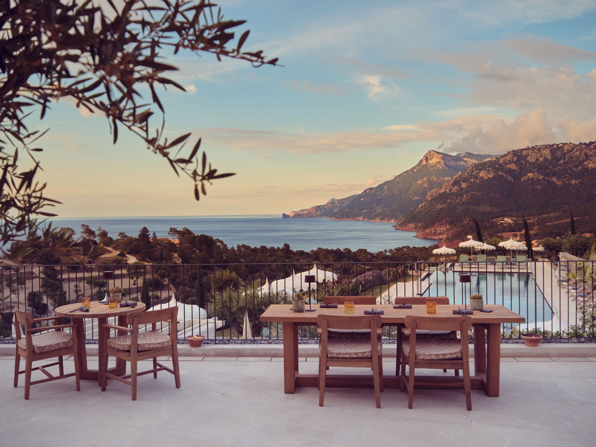 Restaurant terrace at Sa Tafona with sea and mountain views